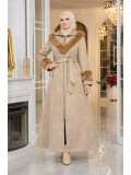 Long Suede Winter Coat with Fur Collar & Zipper 1390 - beige