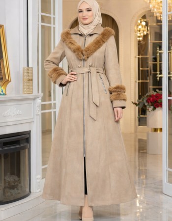 Langer Wintermantel in Wildleder-Optik mit Fellkragen 1390 - Beige