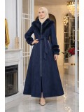 Long Suede Winter Coat with Fur Collar & Zipper 1390 - deep blue