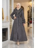 Long Suede Winter Coat with Fur Collar & Zipper 1390 - gray