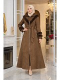 Long Suede Winter Coat with Fur Collar & Zipper 1390 - brown
