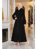 Long Suede Winter Coat with Fur Collar & Zipper 1390 - black