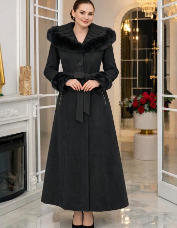 Eleganter Wintermantel aus geripptem Stoff mit Kunstpelz 1392 - Schwarz