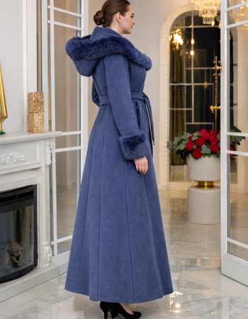Eleganter Wintermantel aus geripptem Stoff mit Kunstpelz 1392 - Dunkelblau