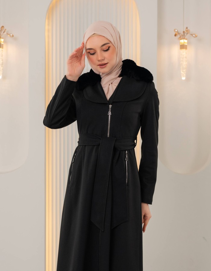 1393 مانطو جوخ ياقة مدورة - Schwarz