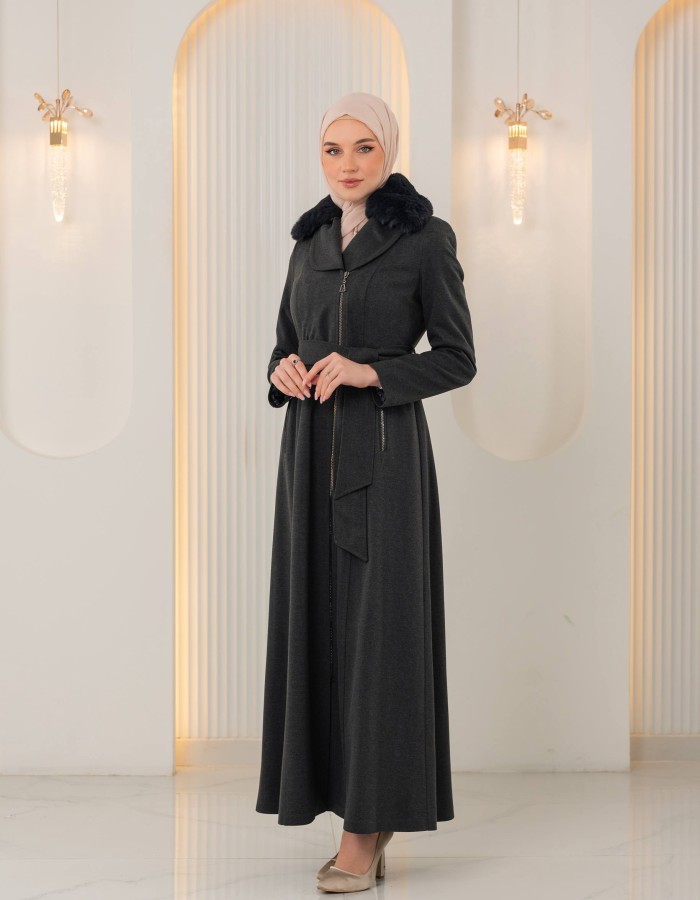 1393 مانطو جوخ ياقة مدورة - Anthracite