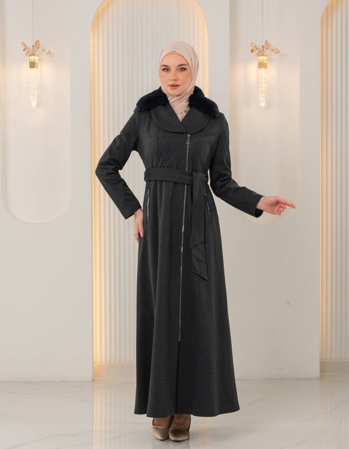 1393 مانطو جوخ ياقة مدورة - Anthracite