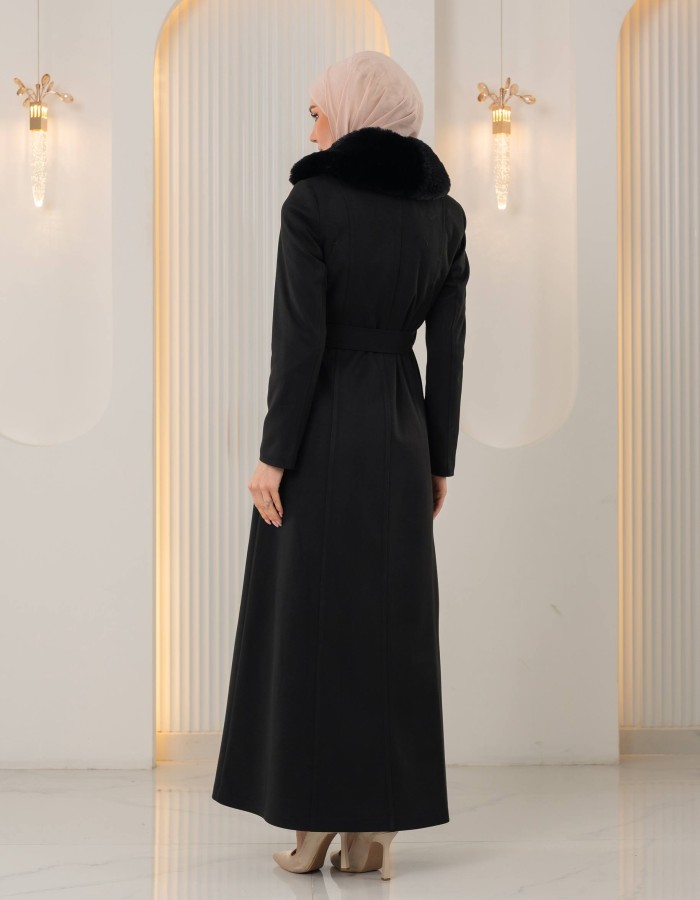 1393 مانطو جوخ ياقة مدورة - Schwarz