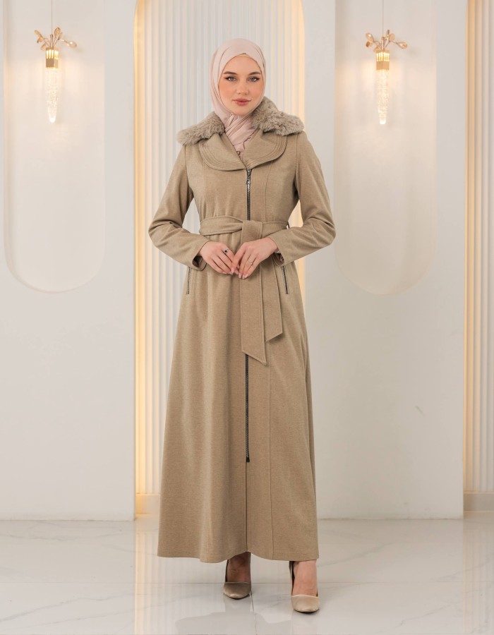 1393 مانطو جوخ ياقة مدورة - beige
