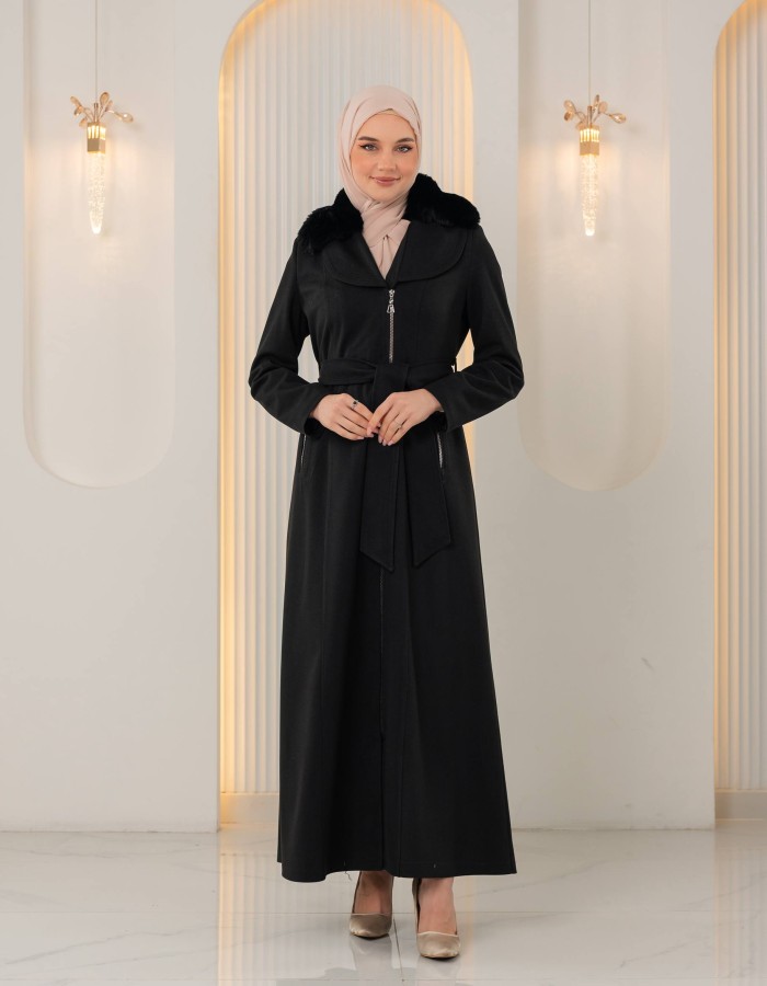 1393 مانطو جوخ ياقة مدورة - Schwarz