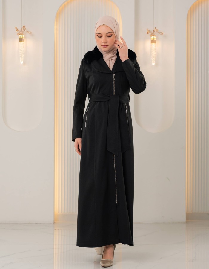 1393 مانطو جوخ ياقة مدورة - Schwarz
