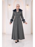 Langer texturierter Mantel mit Pelz 1395  - Anthrazit