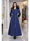 Long Women's Suede Coat with Detachable Fur Collar 1396  - deep blue