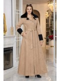 Long Women's Suede Coat with Detachable Fur Collar 1396  - beige