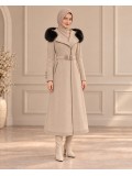 Midi-Wollmantel mit Pelzkragen und Gürtel 1397  - Beige