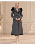 Midi-Wollmantel mit Pelzkragen und Gürtel 1397  - Grau