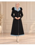 Midi-Wollmantel mit Pelzkragen und Gürtel 1397  - Schwarz
