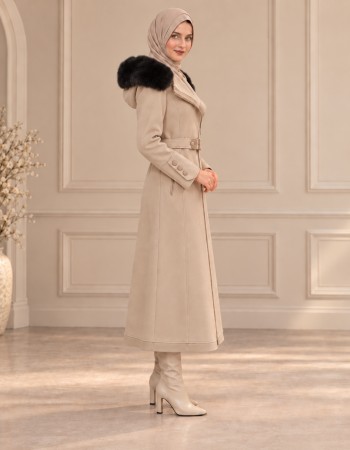 Midi-Wollmantel mit Pelzkragen und Gürtel 1397  - Beige
