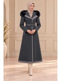 Midi-Wollmantel mit Pelzkragen und Gürtel 1397  - Anthrazit