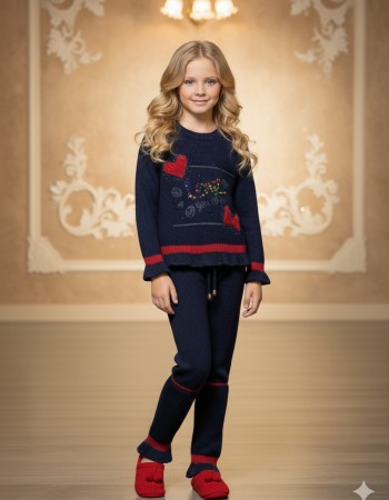 Mädchen Winter Strickset mit Pailletten 3107 - Dunkelblau
