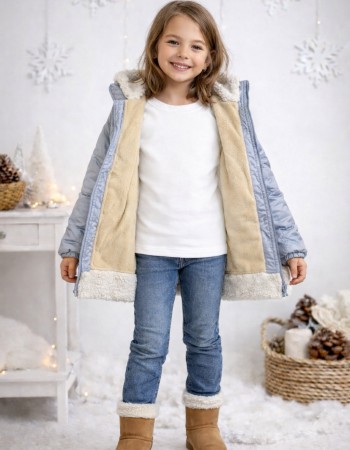 Mädchen Regenjacke mit weichem Fellfutter und Kapuze 5008 - Grau
