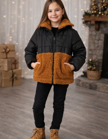 Mädchen Winterjacke mit Teddyfell-Besatz 5011  - Schwarz