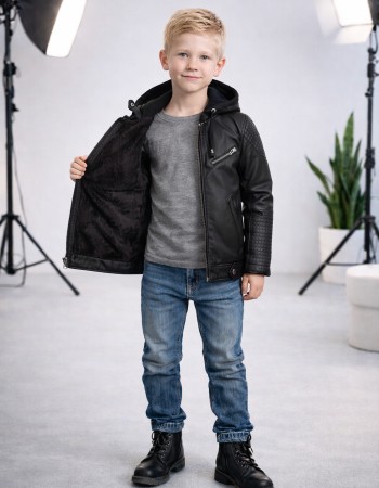 Jungen Jacke mit Fellfutter und Kapuze 5118 - Schwarz