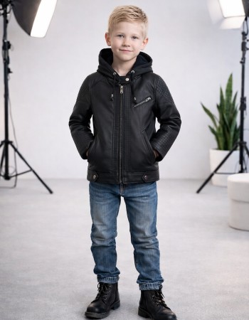 Jungen Jacke mit Fellfutter und Kapuze 5118 - Schwarz