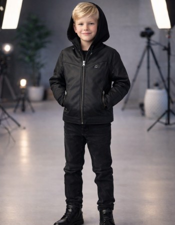 Jungen Jacke mit Fellfutter und Kapuze 5119  - Schwarz
