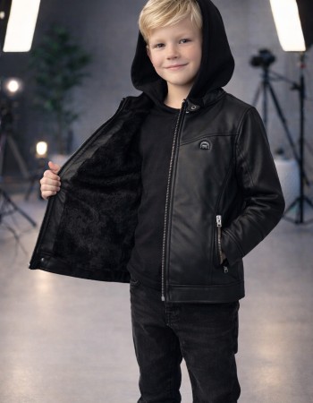 Jungen Jacke mit Fellfutter und Kapuze 5119  - Schwarz