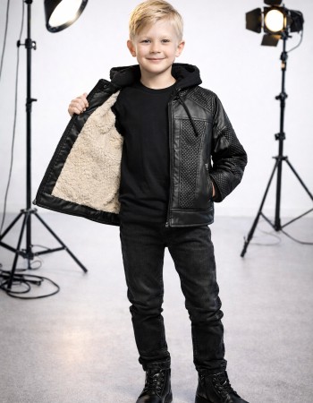 Boys' Leather Jacket with Fur Lining and Hood 5120  - black