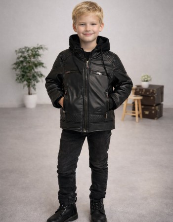 Boys' Leather Jacket with Fur Lining and Hood 5121  - black