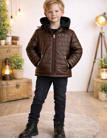 Jungen Steppjacke mit Fellfutter und Kapuze 5122  - Braun