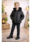 Jungen Steppjacke mit Fellfutter und Kapuze 5122  - Schwarz