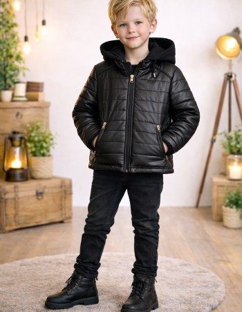 Jungen Steppjacke mit Fellfutter und Kapuze 5122  - Schwarz