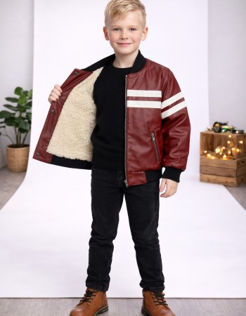 Boys' Leather Jacket with Fur Lining 5123  - burgundy