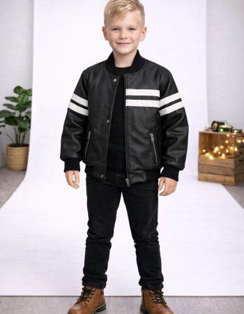Boys' Leather Jacket with Fur Lining 5123  - black