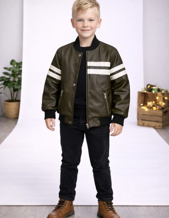 Boys' Leather Jacket with Fur Lining 5123  - khaki
