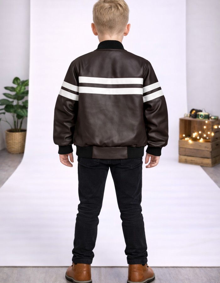 5123 جاكيت جلد خط ابيض  - brown