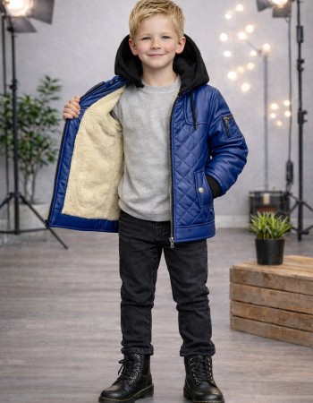 Jungen Jacke mit Fellfutter und Kapuze 5124  - Blau