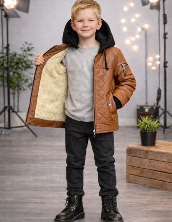 Boys' Fur-Lined Jacket with Hood 5124  - tan