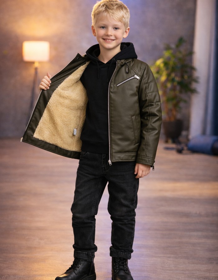 5125 جاكيت جلد صبياني  - khaki