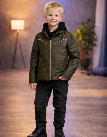 Jungen Lederjacke mit Fellfutter 5125  - Khaki