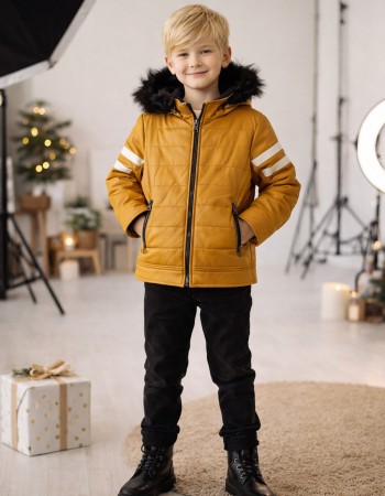 Jungen Lederjacke mit Fellfutter 5126  - Gelb