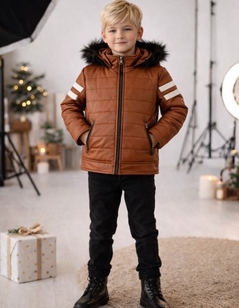 Jungen Lederjacke mit Fellfutter 5126  - Cognac