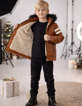 Jungen Lederjacke mit Fellfutter 5126  - Cognac