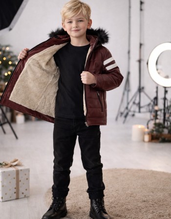 Jungen Lederjacke mit Fellfutter 5126  - Bordeaux