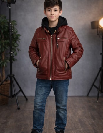 Boys' Leather Jacket with Fur Lining 5127  - burgundy