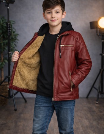 Boys' Leather Jacket with Fur Lining 5127  - burgundy