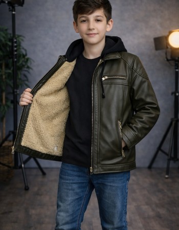 Boys' Leather Jacket with Fur Lining 5127  - khaki